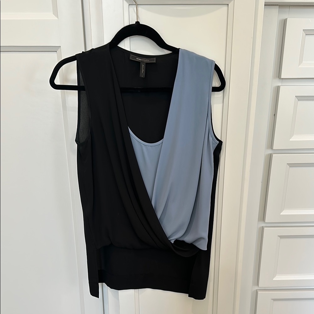 BCBGMaxazria Antonella sleeveless tank top with asymmetrical wrap design